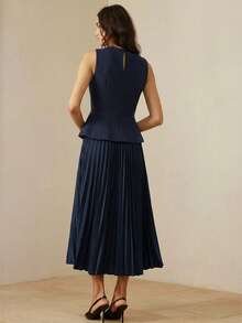 Aveloria Rosie Fashionable Commuter Thick Fabric + Pleated Hem Skirt Sleeveless Dress, Early Autumn - Navy Blue - View 3
