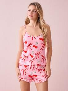 Snug Zone 可爱樱桃蝴蝶结 INS 甜美女孩夏季女士睡衣套装 - 彩色 - 查看 3