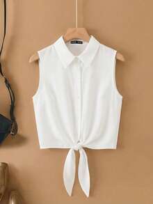 Franclia 女士春夏新款优雅法式简约白色翻领无袖衬衫 – 单排扣下摆系带设计，轻盈透气修身，适合春夏穿着 - 白色 - 查看 6