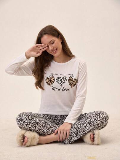 EURMUSE Leopard & Letter Graphic White Top & Pants PJ Set