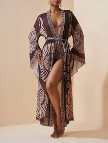 Zivah 2026 女士度假休闲沙滩薄纱印花长款和服式罩衫 - 棕色 - 查看 5