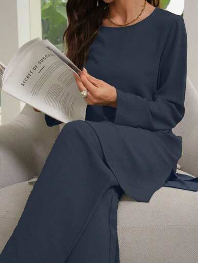 Seusyu 2pcs Women's Solid Color Crew Neck Long Sleeve Top And Loose Straight Leg Casual Pants Set 2 Piece Set