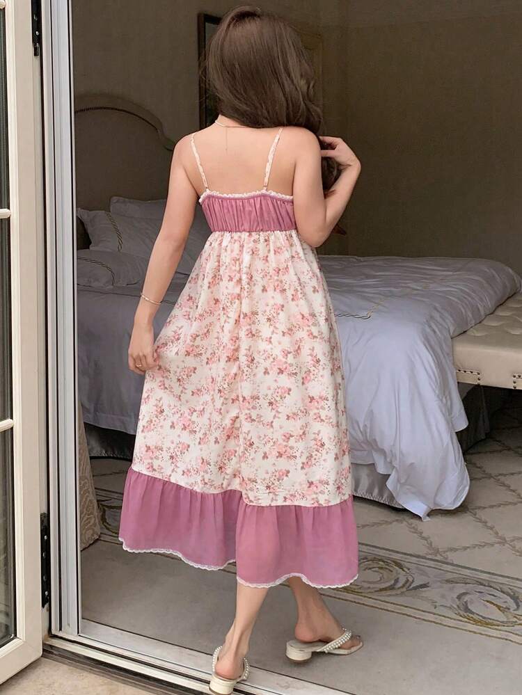 Summer Sweet Countryside Style Ditsy Floral Patchwork Ruffle Hem Maxi Nightgown For Women