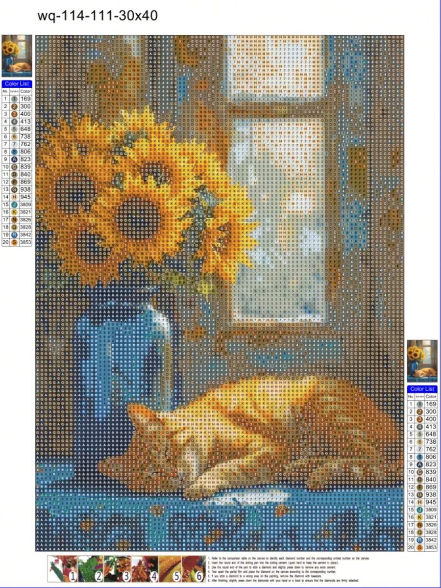 5D DIY钻石画 | 美丽的阳光场景马赛克套装,阳光洒在向日葵上,一只小猫在酣睡。DIY钻石画套装。高清手工装饰画。钻石画礼品,专注身心,DIY解压。 - 彩色 - 查看 1
