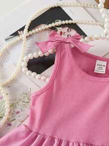 SHEIN Baby Girl Cute Pink Knitted Sleeveless Romper For Summer - Hot Pink - View 7