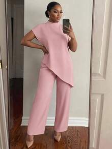 SHEIN Lady CURVE Top elegant pentru femei de mărime mare, cu guler rotund, lejer, asimetric, cu tiv, Ziua Îndrăgostiților, cu mânecă lungă, pentru petrecerea de Anul Nou, Top pentru femei de Ziua Îndrăgostiților, pentru petrecerea de Anul Nou - Roz - Vizualizare 4