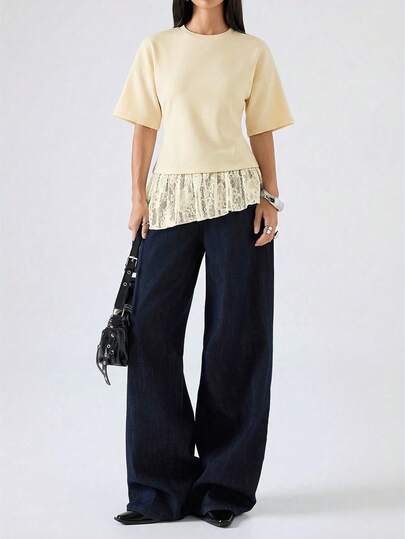 LYSMO 2026 New Minimalist Spring/Summer Women's Elegant Lace Patchwork Asymmetric Hem Fitted T-Shirt In Pale Yellow, Pale Yellow Ruffle Collar Blouse, Pale Yellow Pleated Blouse, Ruffle Collar Blouse, Dignified Women's Top