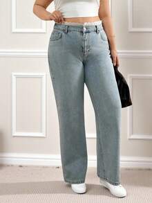EURMUSE Plus High Waist Belt Detailed Straight Jean - Light Wash - View 6