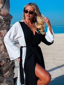 SHEIN Swim Women's Colorblock Long Sleeve Casual Kimono Cover Up - Black and White - View 4
