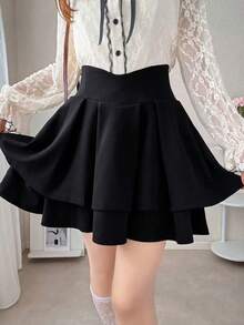 FRIFUL 女士V腰泡泡层叠短款纯色迷你裙 - 黑色 - 查看 2