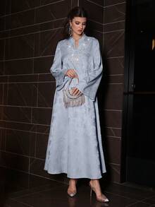 Layrah Đầm tay xòe thanh lịch họa tiết hoa jacquard mùa xuân và hè. - Màu xanh lam - Xem 9