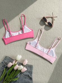 Swim Vcay 2pcs/Set Women's Solid Color Spaghetti Strap Bikini Top, Spring/Summer - Multicolor - View 2