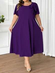 SHEIN CURVE+ Đầm dài ngang gối thanh lịch cổ tròn tay ngắn, màu trơn, trang trí nơ, dành cho nữ cỡ lớn. - Màu tím - Xem 4