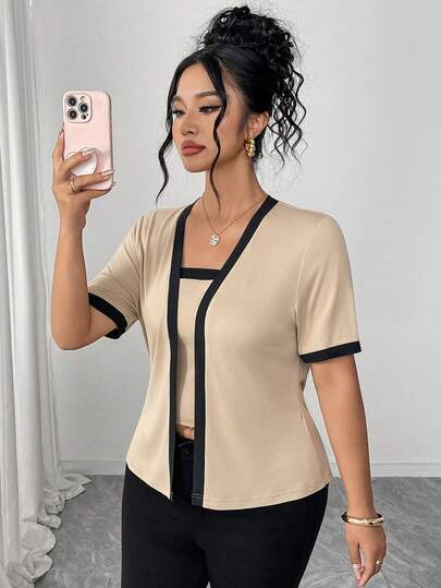 Elenzga 2pcs Plus Size Apricot Contrast Color Knit Set, Summer Cardigan & Fitted Camisole For Women