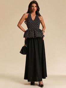 SHEIN BAE 女士黑色波点深V领修身A字优雅上衣 - 黑色 - 查看 7