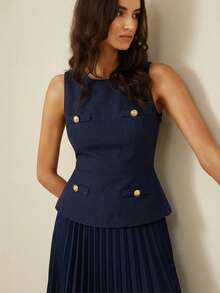 Aveloria Rosie Fashionable Commuter Thick Fabric + Pleated Hem Skirt Sleeveless Dress, Early Autumn - Navy Blue - View 2