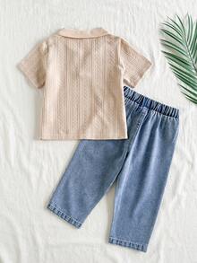 SHEIN Vintaside Kids 男童休闲翻领短袖上衣搭配时尚水洗牛仔裤套装，适合日常穿着、家庭露营、外出就餐或购物。 - 杏色 - 查看 2