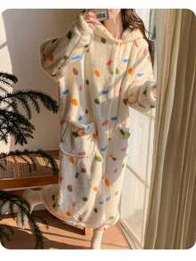 Women's Comfortable Coral Fleece Hooded Robe - Cute Cartoon Print, Long Sleeve With Pockets, Machine Washable Bathroom Decor - Multicolor - View 8
