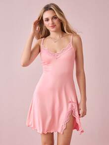 Bonmuse Women's Pink Lace Trim Slit Camisole Nightgown - Pink - View 3