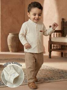 SHEIN Playful Pals Bộ 2 món áo sơ mi cổ bẻ tay dài và quần dài cho bé trai sơ sinh, chất liệu cotton pha linen, màu be, phong cách thường ngày mùa hè, đồ gia đình đồng bộ cho bé trai 6 tháng - 3 tuổi - Màu be - Xem 1