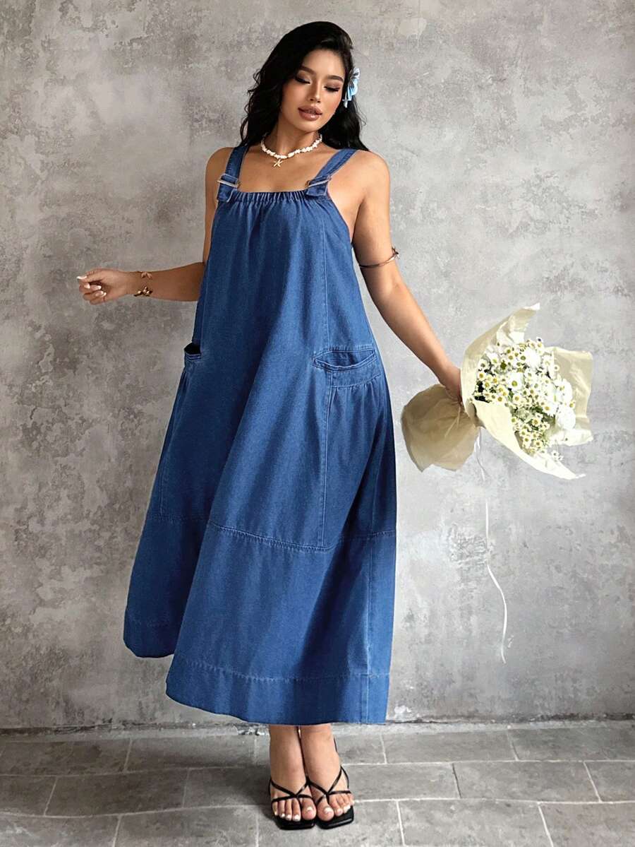 Sunnyshic Đầm liền quần denim mùa hè cỡ lớn kiểu dáng thường ngày - màu đen - Xem 1