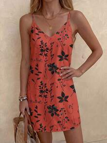 Sylviya Đầm mini dáng rộng in họa tiết retro dành cho nữ, thích hợp cho mùa xuân và mùa hè, kiểu dáng thanh lịch, thường ngày. - Gỗ đỏ - Xem 4