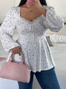 Sunnyshic Große Größen Quadratischer Kragen Volant Patchwork Blümchen Lange Puffärmel A-Linie Elegantes Vintage Lässig Süßes Party T-Shirt für Frauen - Weiss - Übersicht 4