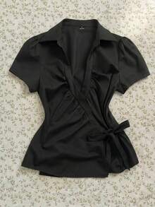 Elamini Women's Casual Deep V-Neck Black Formal Shirt, Summer - Black - View 1