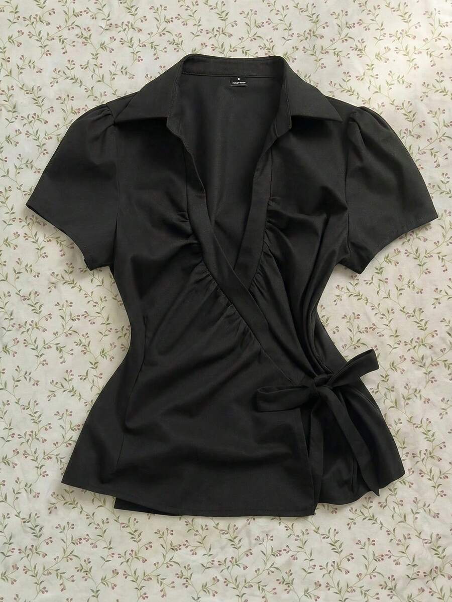 Elamini Women's Casual Deep V-Neck Black Formal Shirt, Summer - Black - View 1