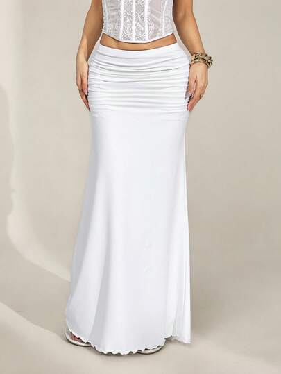 SHEIN PETITE Women's White Solid Color Party Prom Maxi Mermaid Skirt, Suitable For Going Out, Concert, Party, Club Outfits, Date, Night Out, Vacation Outfits ,Beach Outfits,Garden Wedding Guest Skirt, Elegant Skirt For Women,Valentine's Day,For Autumn And Winter
