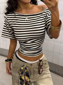 StreetHx Sexy Casual Striped Off-Shoulder Crop Top, Ruched Side Slim Fit Short Sleeve T-Shirt For Women - Multicolor - View 3