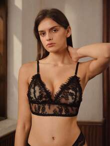 Women's Black Lace Spaghetti-Strap Bra With Built-In Padding, Featuring A Soft And Skin-Friendly Lace Fabric. - Black - View 3