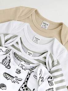 4pcs/Set Cute Knitted Cartoon Giraffe, Rabbit, Tiger, Crocodile Pattern Elastic Striped Short Sleeve Bodysuits, Basic Rompers Multi-Pack For Baby Boys And Girls,Kids - Multicolor - View 5