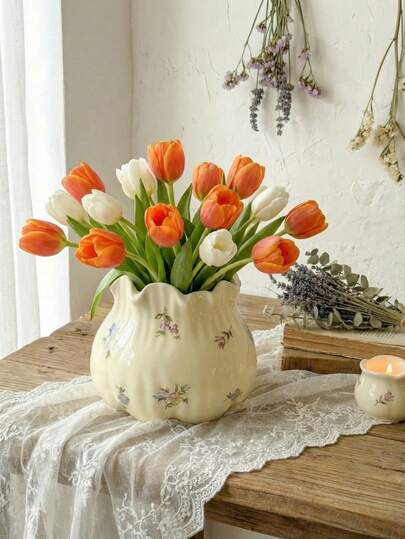 Cirelle French Cream Floral Ceramic Vase - Retro Farmhouse Pot For Table Centerpiece, Hand-Painted Home Decor Accent