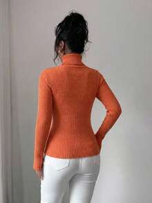 EURMUSE Turtleneck Ribbed Knit Sweater - Orange - View 3