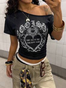 StreetHx Camiseta feminina preta de manga curta com ombros assimétricos - Preto - Ver 4