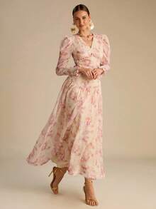 Enchnt Váy dài tay họa tiết hoa thanh lịch dành cho nữ - Hồng - Xem 4