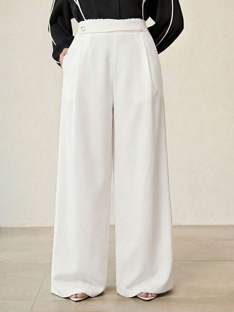 PLUS SIZE ELASTIC WAIST WIDE LEG PANTS, COMMUTER STYLE