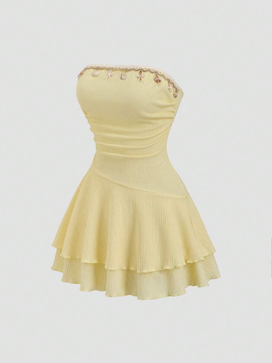 Sweetra Spring/Summer French Romantic Ruffle Hem Cropped Dress, Sleeveless Waist Cinched Layered Skirt, Yellow - Yellow - View 1