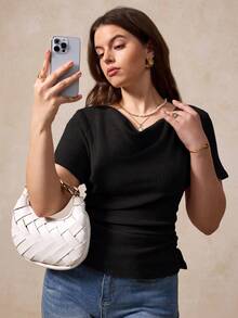 Elegantrix Áo thun nữ cỡ lớn tay ngắn cổ xếp ly dáng rộng kiểu Pháp, thích hợp cho mùa xuân/hè. - màu đen - Xem 4