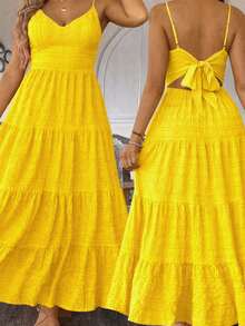 EMERY ROSE Plus Size Yellow Sleeveless Cami Dress Boho Tiered Ruffle Hem Long Sundress - Yellow - View 1