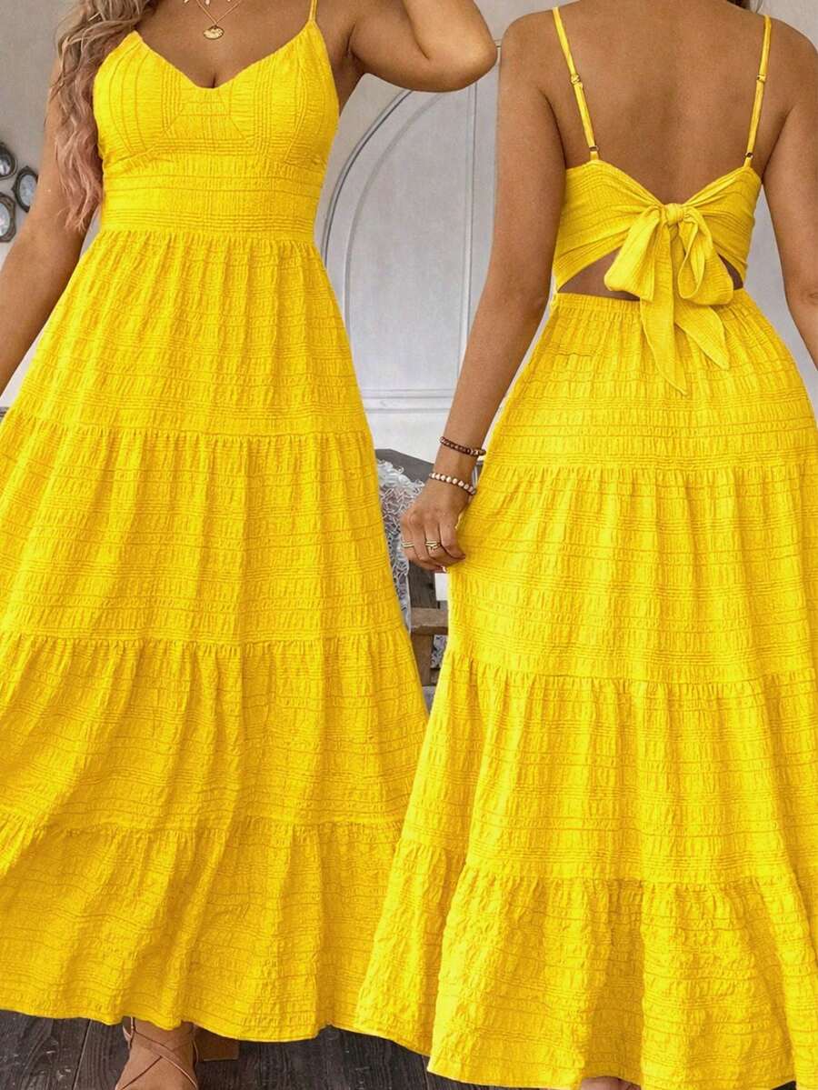 EMERY ROSE Plus Size Yellow Sleeveless Cami Dress Boho Tiered Ruffle Hem Long Sundress - Yellow - View 1