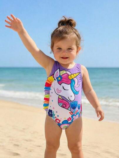 女宝宝可爱独角兽和花卉渐变印花连体泳衣，夏季海滩度假