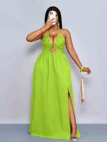 SOLERSUN Women Plus Size Spring Summer Solid Color Elegant Holiday Crisscross Tie Backless Halter Swing Dress Maxi Women Outfit - Limelight Green - View 6