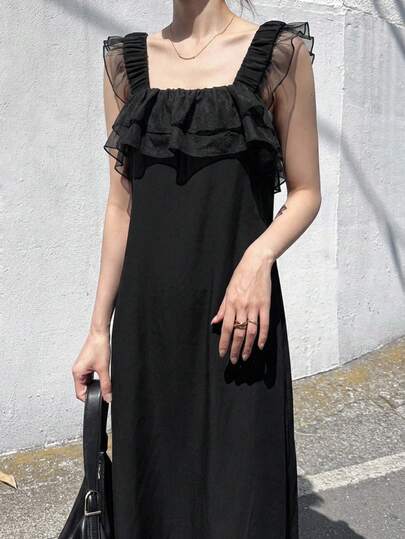 FRIFUL Women's Sleeveless Mesh Patchwork Layered Frill Trim Waist A-Line Dress For Summer Sundress