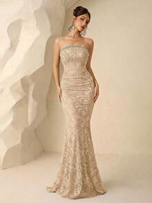 Coutiva Vestido de noche de alta gama para mujer con decoración de perlas falsas, vestido formal elegante para banquetes y fiestas - Albaricoque - Ver 6