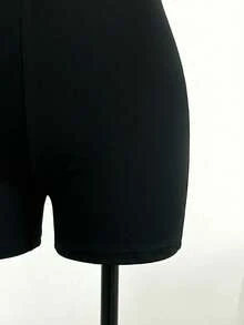 Lalippa Women's Black Fabric Collar Short Sleeve Unitard Casual Short Plain Jumpsuit With Zipper Detail - Black - View 6