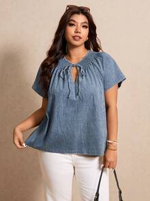 Elaquor Plus Size Dark Blue Summer Boho Vacation Washed Drawstring Blouse, Casual Business Office Work Travel Blouse For Women, Modern Top For Woman - Blue - View 4