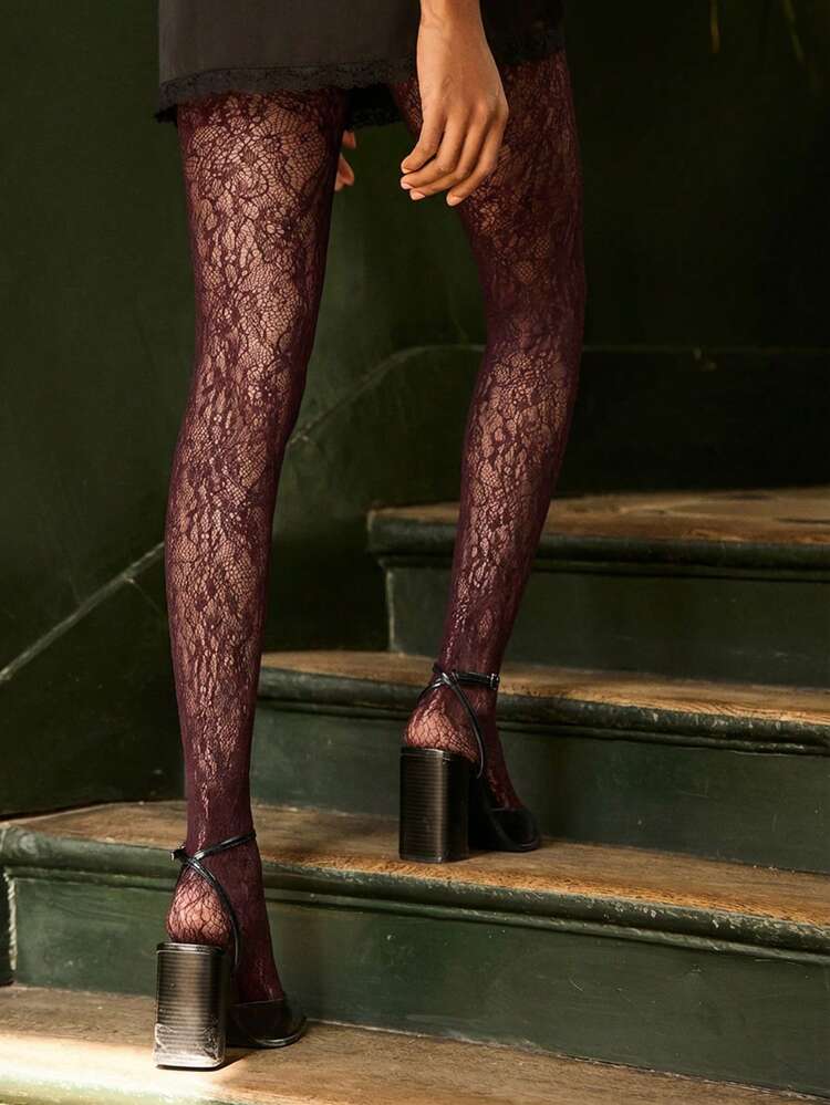Burgundy Sexy Vintage Style Lace Tights Pantyhose Women Spring Valentines Day Going Out Dark Red Tights French Style Parisian Style