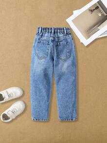 SHEIN Jeans para niñas, de algodón cómodo, diseño desgastado, uso casual diario, adecuado para salidas, fiestas, viajes, regreso a la escuela, nueva llegada, pantalones vaqueros versátiles para exteriores y transporte - Azul lavado medio - Ver 2